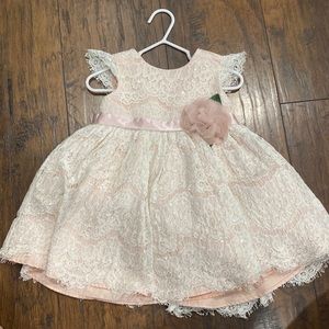 White lace over blush pink liner flower girl dress